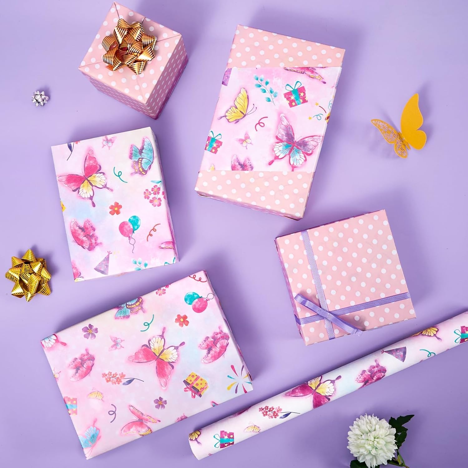 Butterfly Wrapping Paper Roll - 1 Roll 17” X 33 Ft Butterfly Fairy Wrapping Paper Pink Purple Flower Gift Packing For Kids Girls Birthday Baby Shower Bridal Shower Decor Reversible Polka Dot