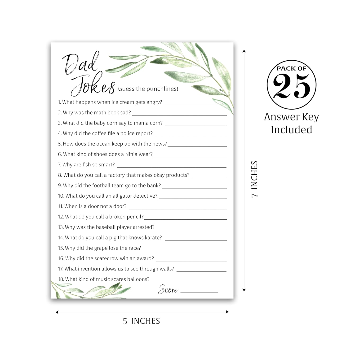 Greenery Dad Jokes Baby Shower Games, Daddy Jokes Shower Trivia Games — Pack Of 25 — Fun Dad Joke Game, Green Gender Neutral Funny Joke Trivia, Sprinkle Gender Reveal Party, Sip See, Birthday G320-Djk