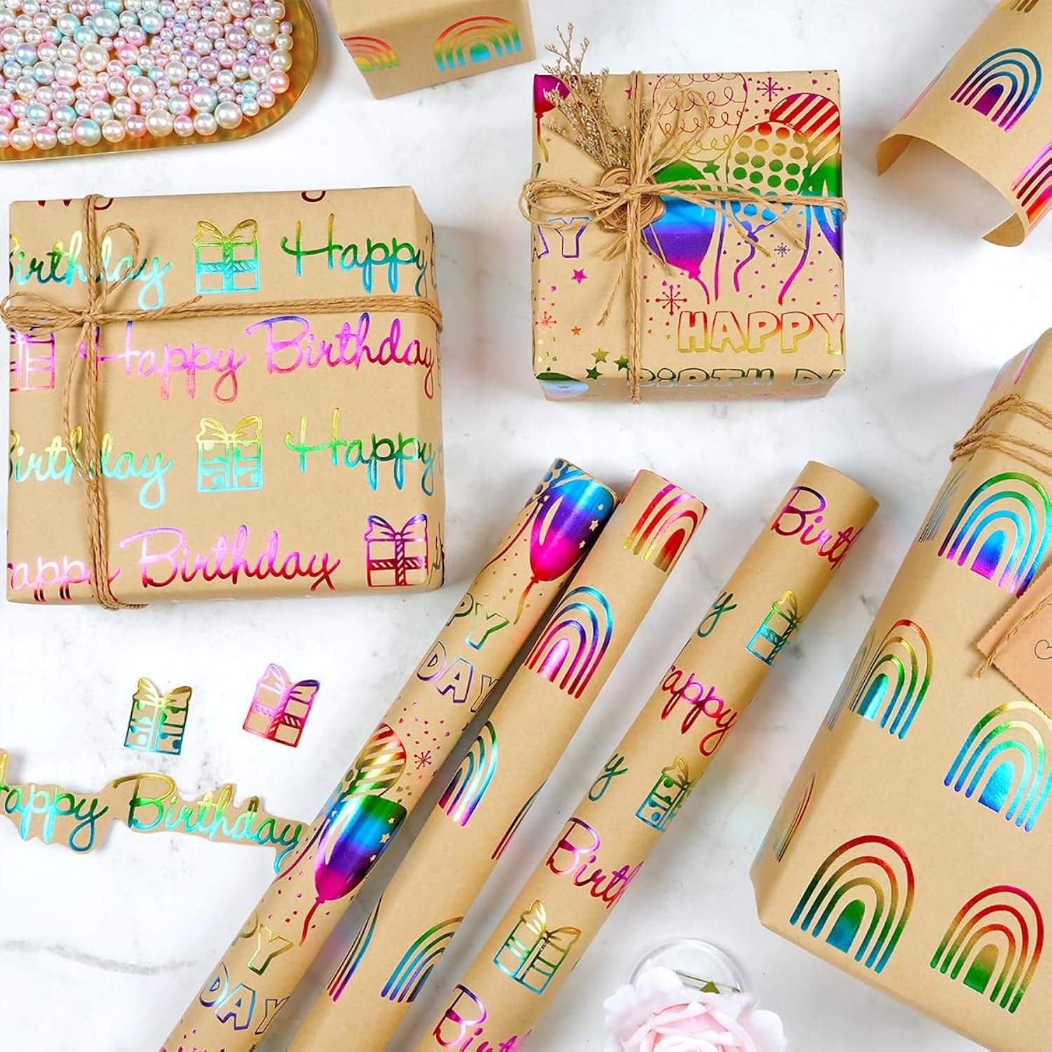 Birthday Wrapping Paper Roll, 3 Rolls Colorful Metallic Gold Foil Gift Wrapping Paper, Happy Birthday Rainbow Balloon Kraft Gift Wrapping Paper For Birthday Party Baby Shower, 17×118 Inch Per Roll