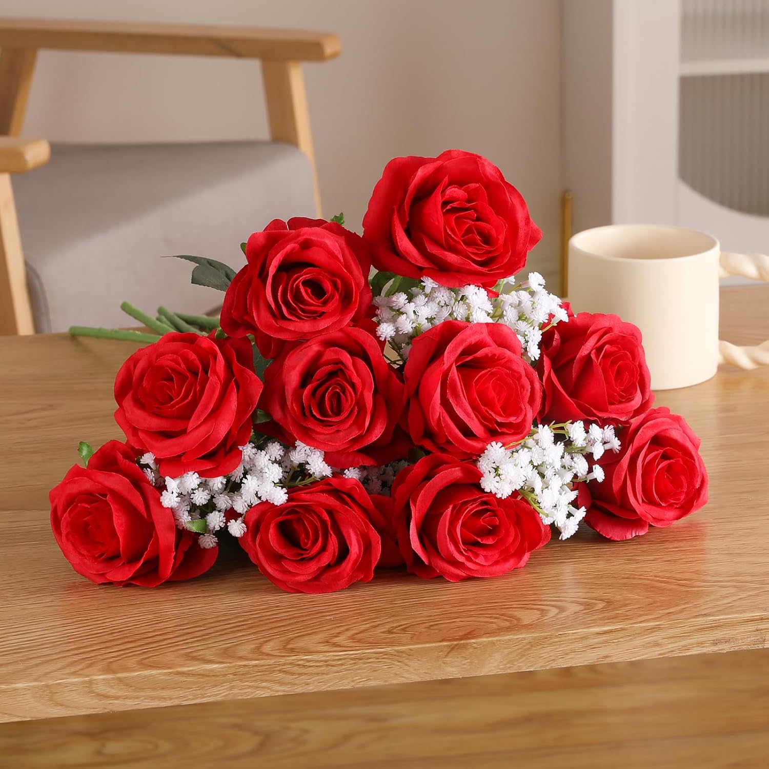 Artificial Flowers Silk Roses Fake Bridal Wedding Bouquet For Home Garden Party Floral Decor 10 Pcs (Red Curved Stem)