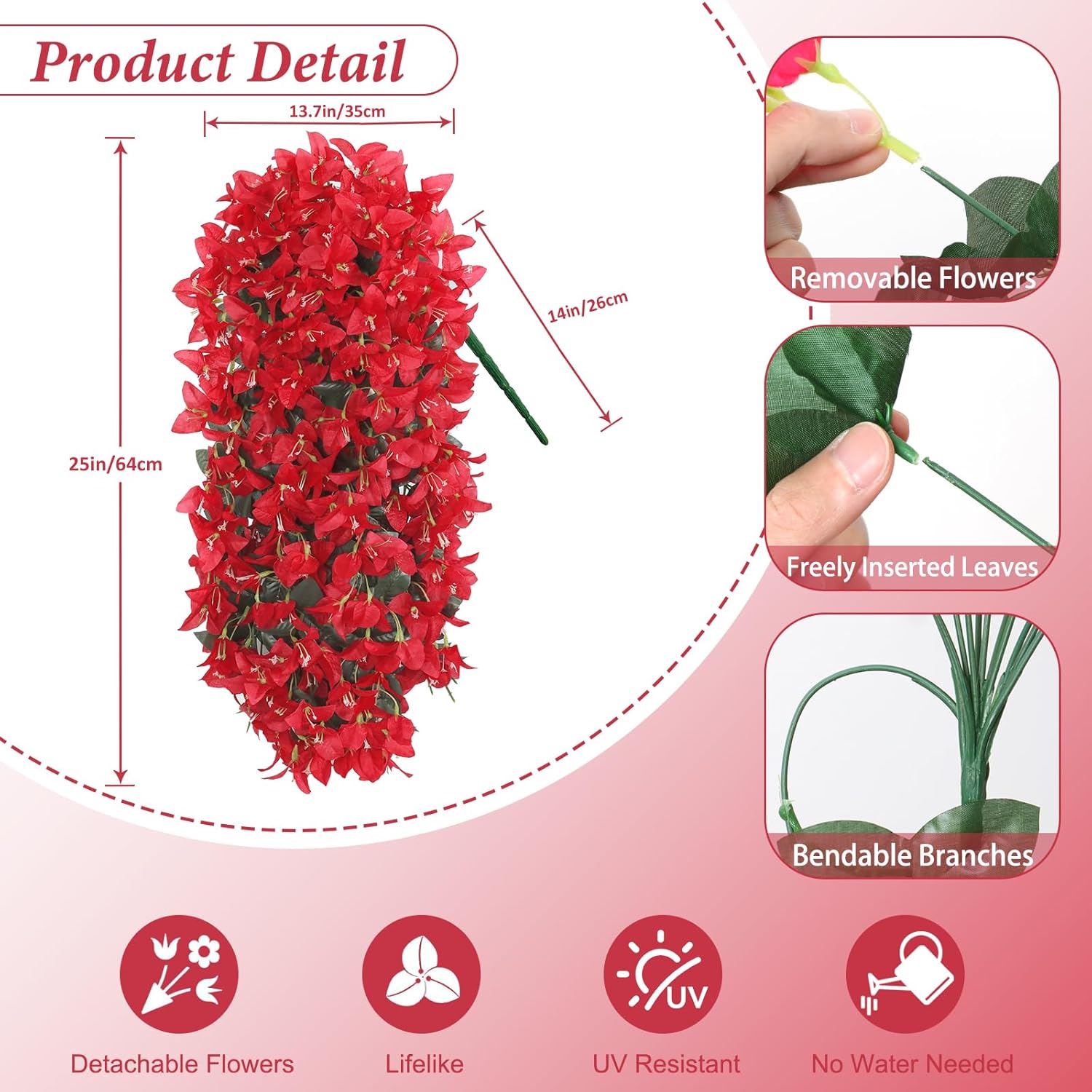 2Pcs Fake Flowers Bougainvillea Artificial Flowers Uv Resistant Faux Hanging Plants Vine For Indoor Outdoor Planter Vase Home Porch Garden Wedding Summer Decor (Red)