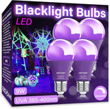 4 Pack A19 LED Black Light Bulbs 9W E26 Dimmable UVA 385-400NM for Glow Parties Halloween