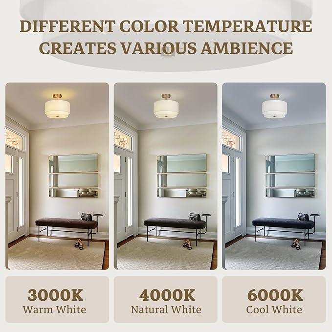 12.6 Inch Gold Semi Flush Ceiling Light 2 Layer White Shade Nursery Fixture