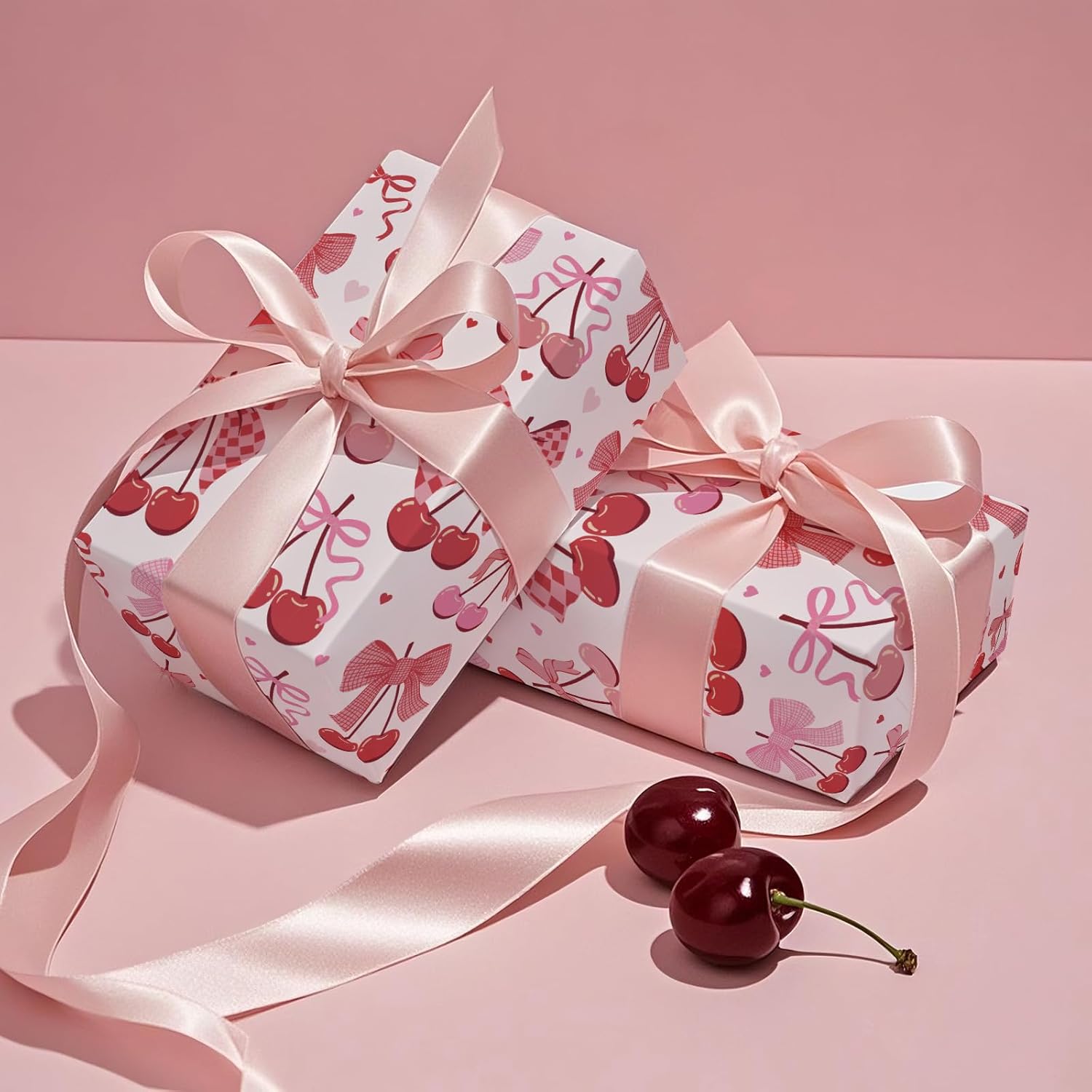 Cherry Bow Wrapping Paper Roll, Mini Roll, Romantic Cherry Bow Tie Ribbon Gift Wrap, Pink And Red Wrap Paper For Girl Birthday, Valentine'S Day, Bachelorette, Anniversary, 17 Inch X 9.8 Feet