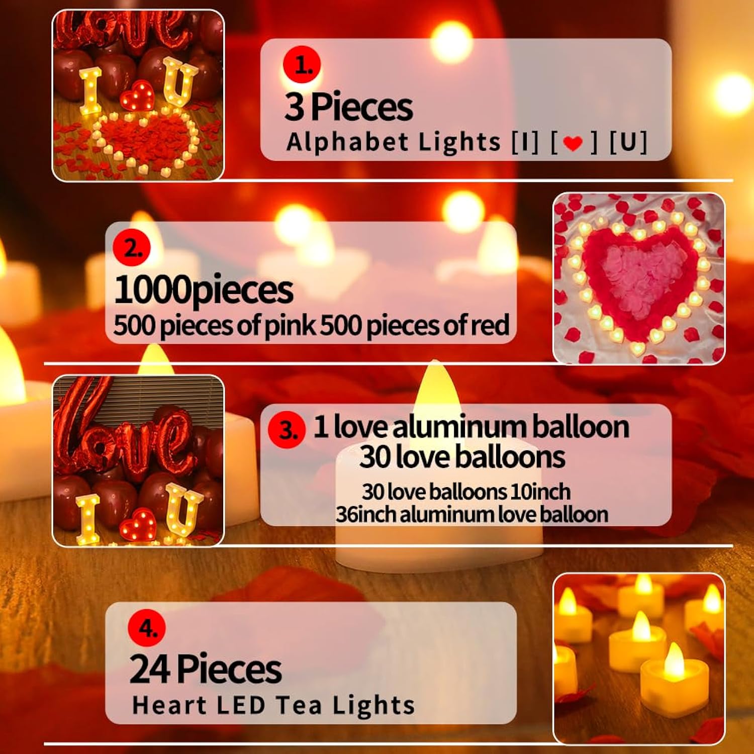 I Love U Light Letters Valentine Day Red Light Letters 24Pcs Flameless Candles 1000Pcs Fake Rose Petals 30Pcs Red Balloons 1Pcs Love Balloons For Valentine'S Day Decoration