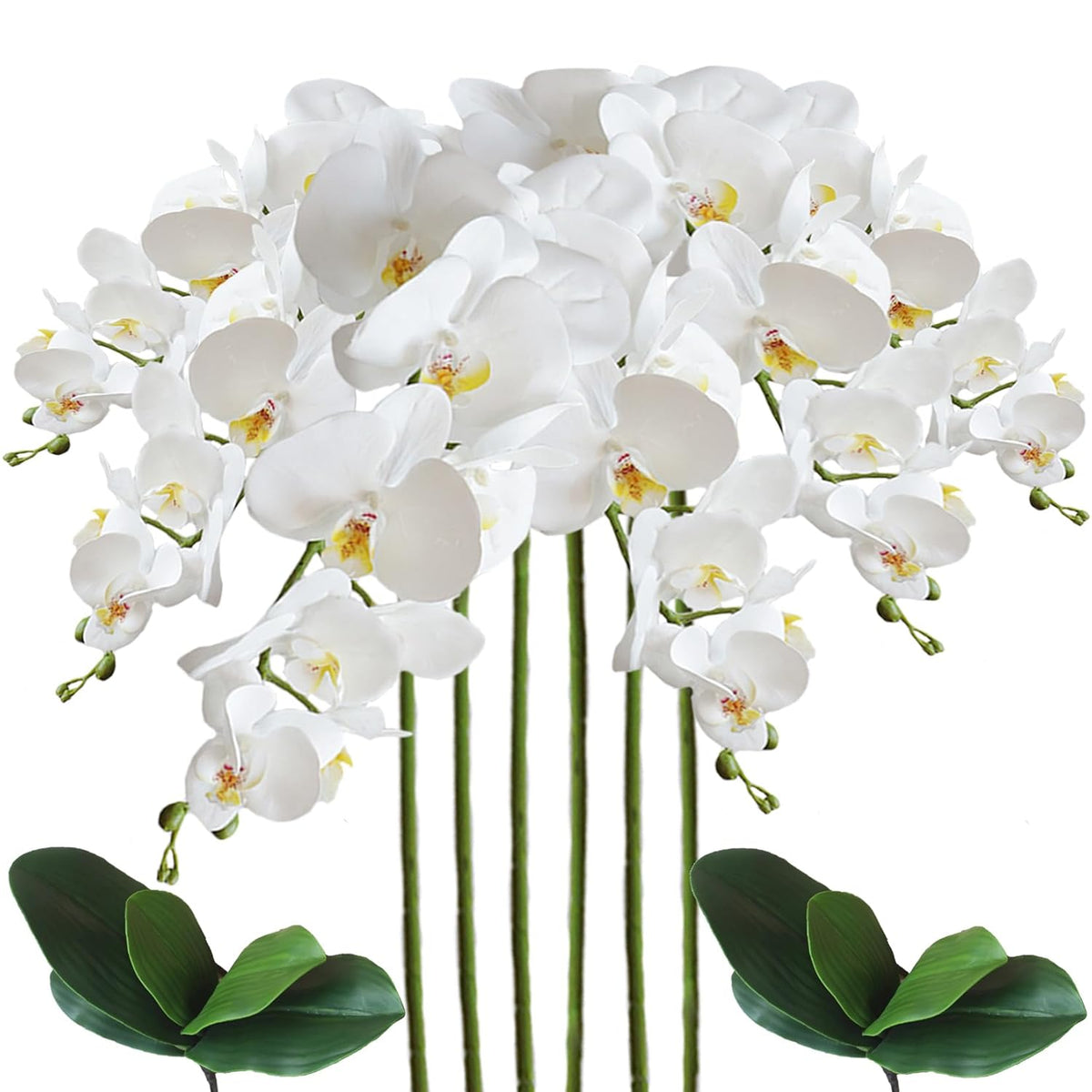 Artificial Phalaenopsis 6 Pcs Artificial Flowers Fake Orchid Flowers Stem Plants With 2 Pcs Leaves For Décor (White)