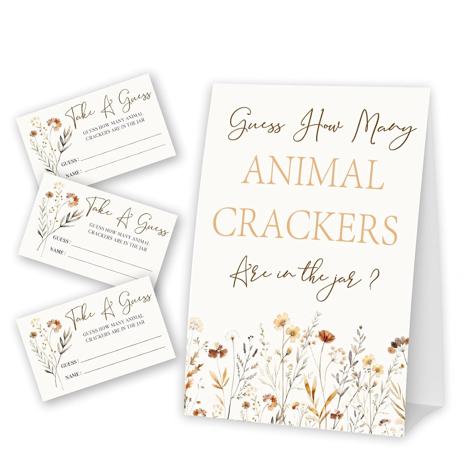 Wildflower Guess How Many Animal Crackers - Thanksgiving Baby Shower Card Set (1 Sign With 50 Guess Cards), Fall Floral Gender Reveal Party Favor Supplies -A17