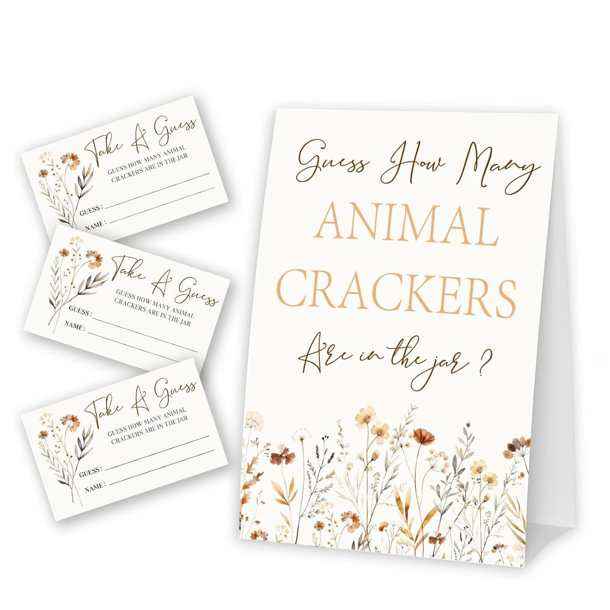 Wildflower Guess How Many Animal Crackers - Thanksgiving Baby Shower Card Set (1 Sign With 50 Guess Cards), Fall Floral Gender Reveal Party Favor Supplies -A17