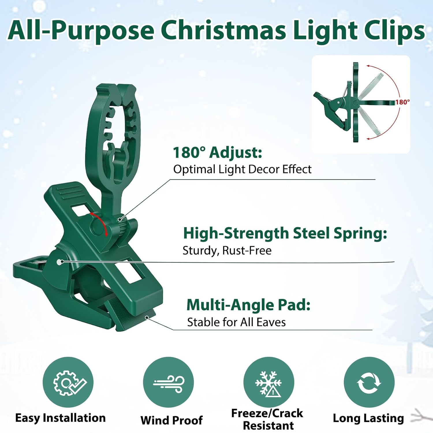 C7 C9 Christmas Light Spring Clips, 100Pcs Universal Heavy Duty Quick Christmas Light Clips, Fit E12/E17 Base, Holiday Mini Rope Lights, Perfect For Gutter Shingle Metal Roof Fence Railing Trees
