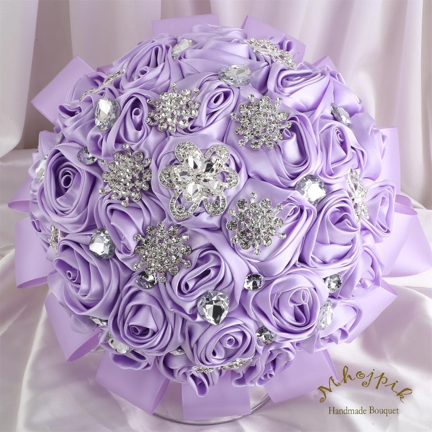 7.5" Light Purple Bridal Wedding Bouquet Throw Toss Artificial Rose Flower Bunch With Bling Brooch For Bride Bridesmaid Wedding Quinceanera