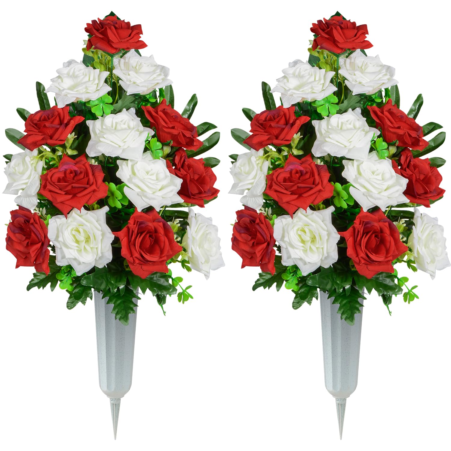 Artificial Cemetery Flowers, Memorial Rose Flowers Grave Decoration Flower Bouquets With Vase For Cemetery Graveyard Headstones Decor, Set Of 2 (Red&White)