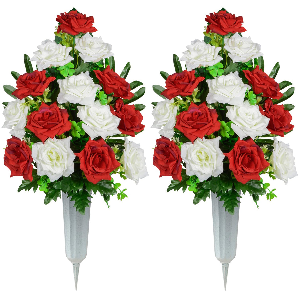 Artificial Cemetery Flowers, Memorial Rose Flowers Grave Decoration Flower Bouquets With Vase For Cemetery Graveyard Headstones Decor, Set Of 2 (Red&White)