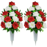 Artificial Cemetery Flowers, Memorial Rose Flowers Grave Decoration Flower Bouquets With Vase For Cemetery Graveyard Headstones Decor, Set Of 2 (Red&White)