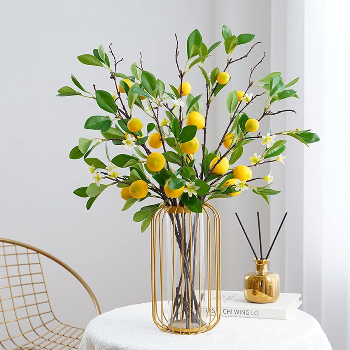 5Pcs Artificial Lemon Branches 68Cm Long Stem Yellow Lemons Picks With Green Leaves And Flowers, For Home Kitchen Farmhouse Table Centerpiece