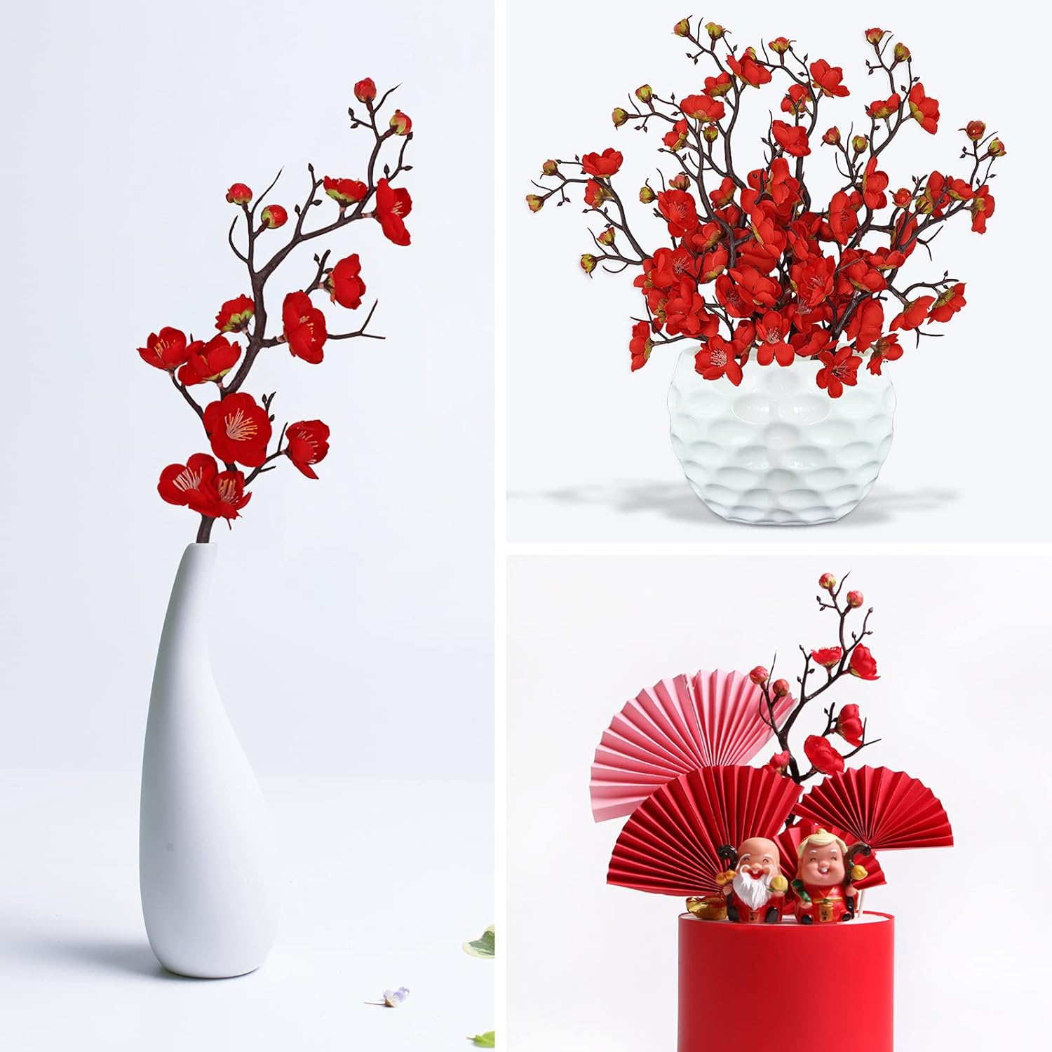 6Pcs Artificial Red Plum Blossom Faux Flowers Fake Plum Blossoms Plastic Flowers Silk Arrangements For Home Hotel Office Wedding Party Garden Decor