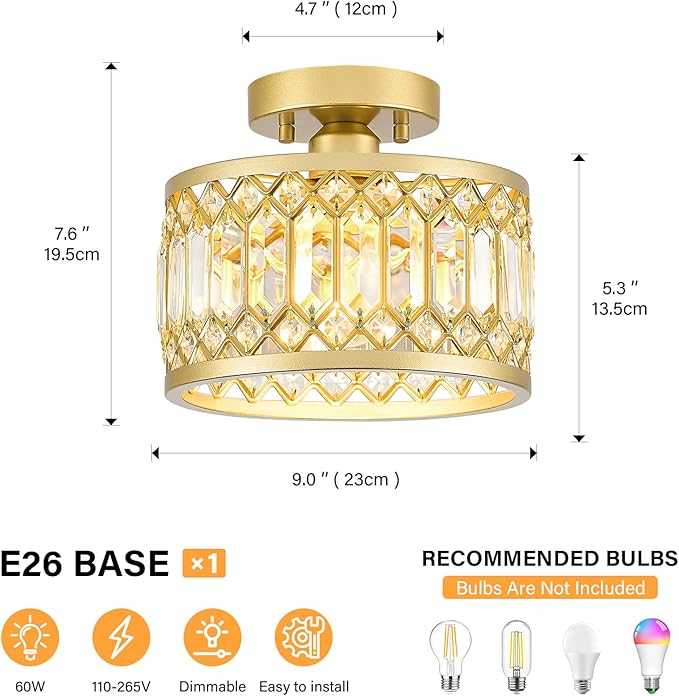 9 Inch Gold Crystal Semi Flush Mount Ceiling Light Modern Fixture