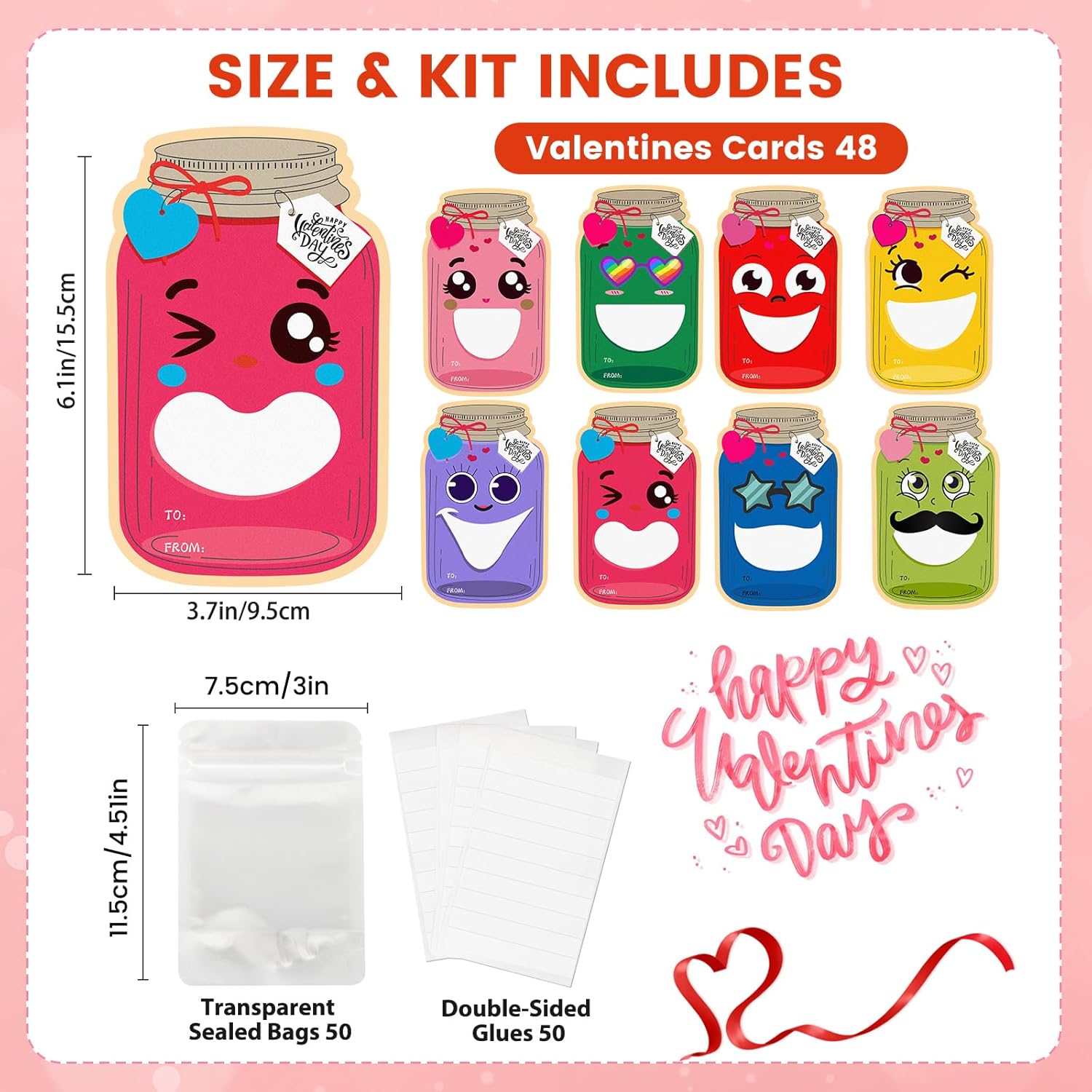 Valentines Day Cards For Kids School – 48 Pack Funny Face Mason Jar Valentine Gift Cards With Treat Bags, Classroom Exchange Cards For Boys Girls Toddlers & Friends (Candy Not Included)