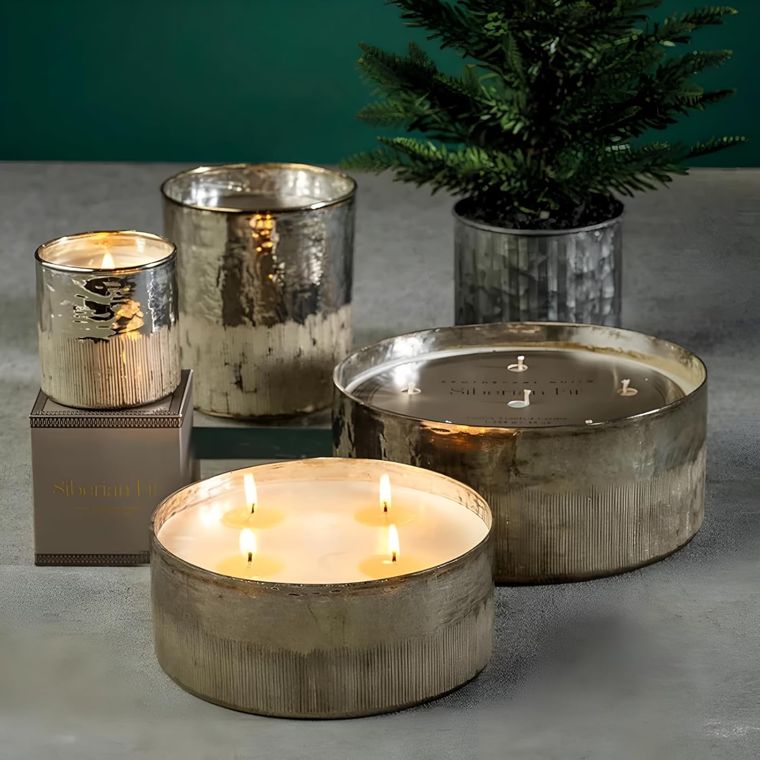 Zodax Siberian Fir Antique Gold & Silver Scented Jar Candles (Silver | 6 Wick | 44 Ounce | 85 Hour Burn Time)