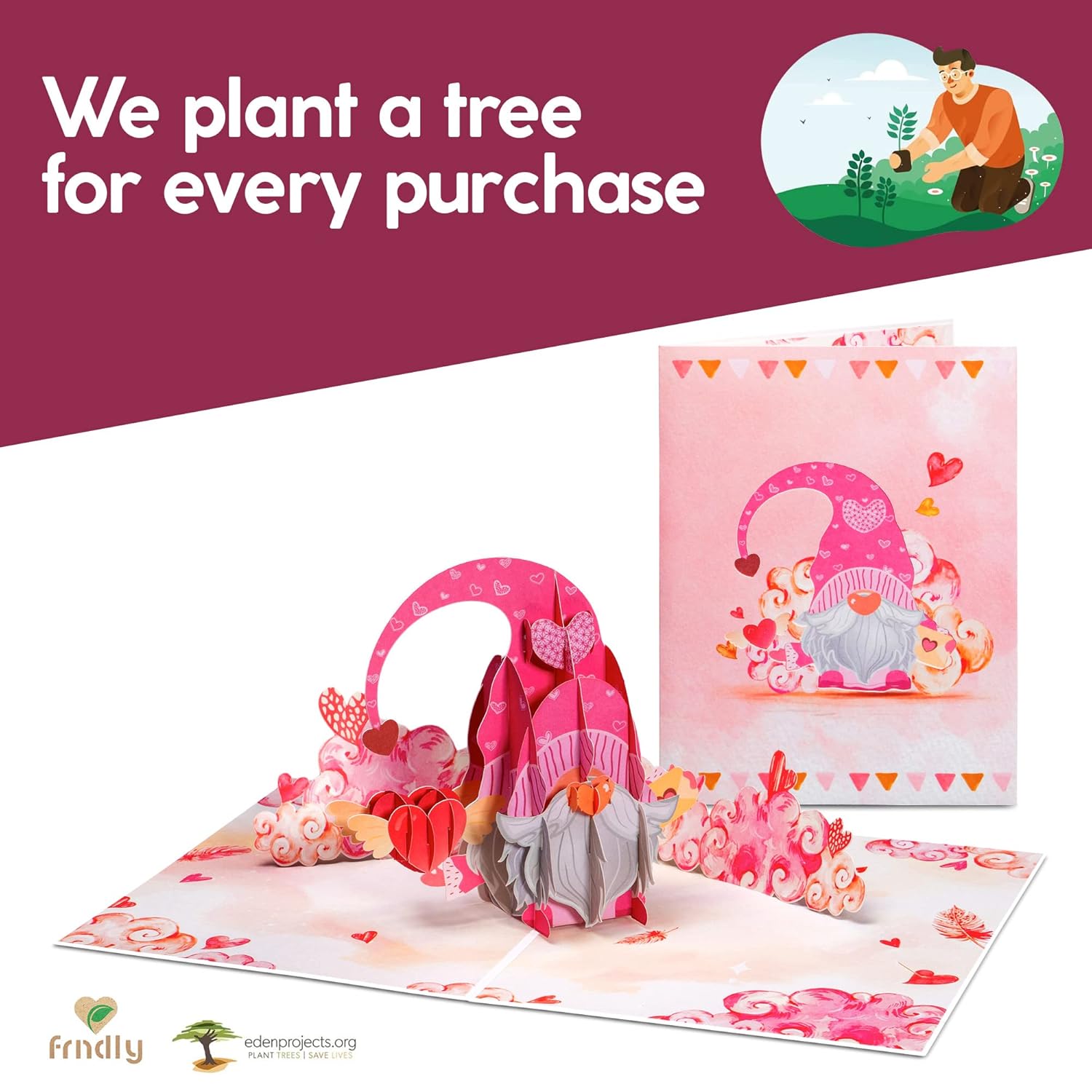 By Paper Love Pop Up Card, 3D Love Gnome, Gift For Mothers Day, Anniversary, Wedding Or Just Because - Handcrafted, 100% Recycled And Eco-Friendly, 8" X 6" Cover - Includes Envelope And Note Tag