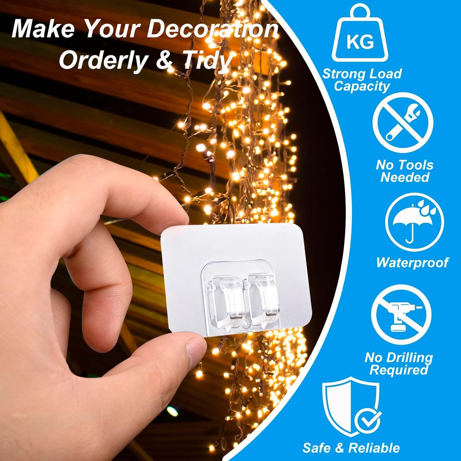 Hooks For Outdoor String Lights With Damage-Free Adhesive Strips - No Tools, No Holes, Waterproof & Uv-Resistant For Christmas, Patio, Pergola Decor (80)