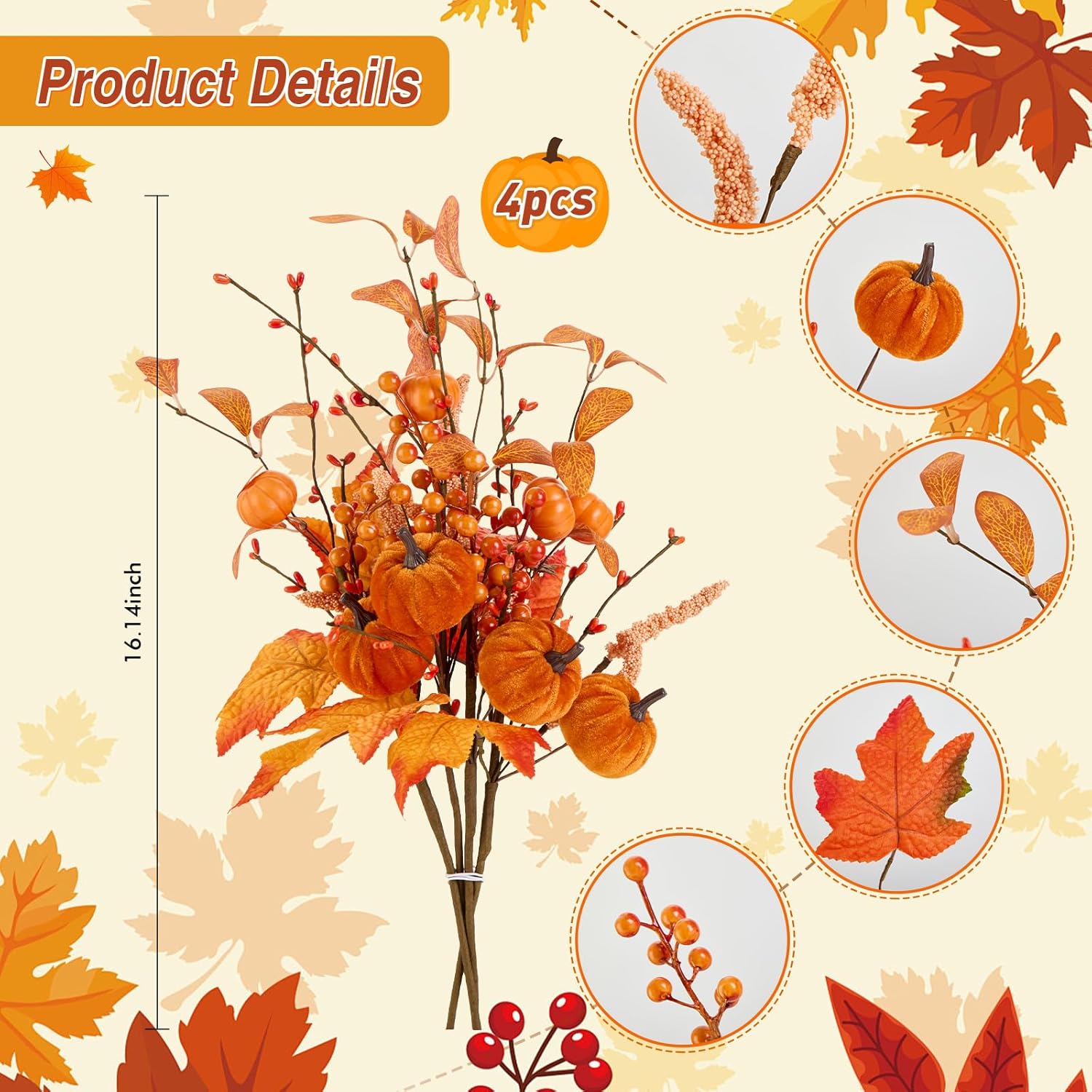 4Pcs Artificial Autumn Pumpkin Berry Flower Maple Plant Stems Picks Farmhouse Vase Decorations, For Home Harvest Holiday Indoor Thanksgiving