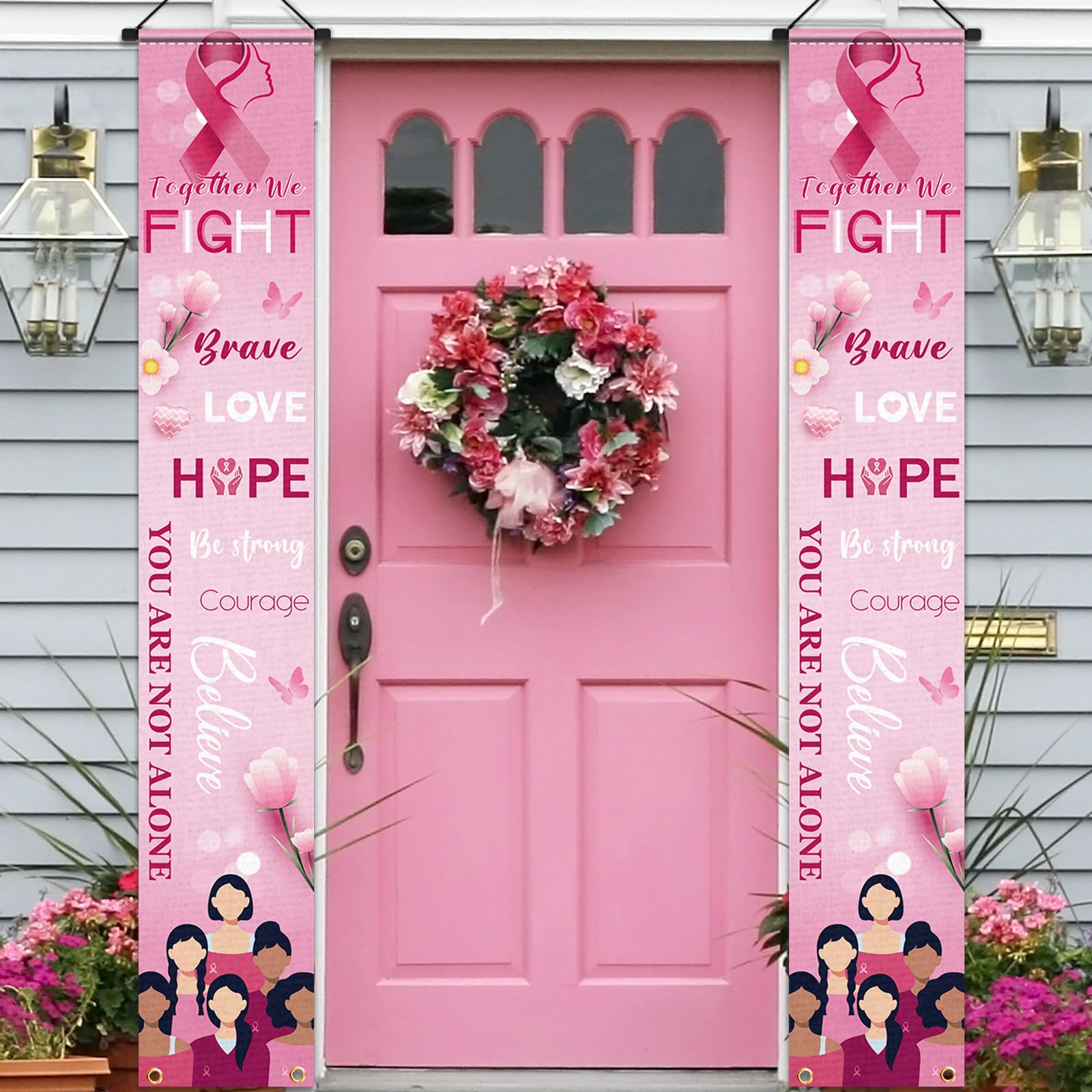 Breast Cancer Awareness Banner Porch Sign - Breast Cancer Awareness Decorations Pink Ribbon Door Banner Party Supplies Hope Strength Courage Faith Banner Backdrop for Breast Cancer Month