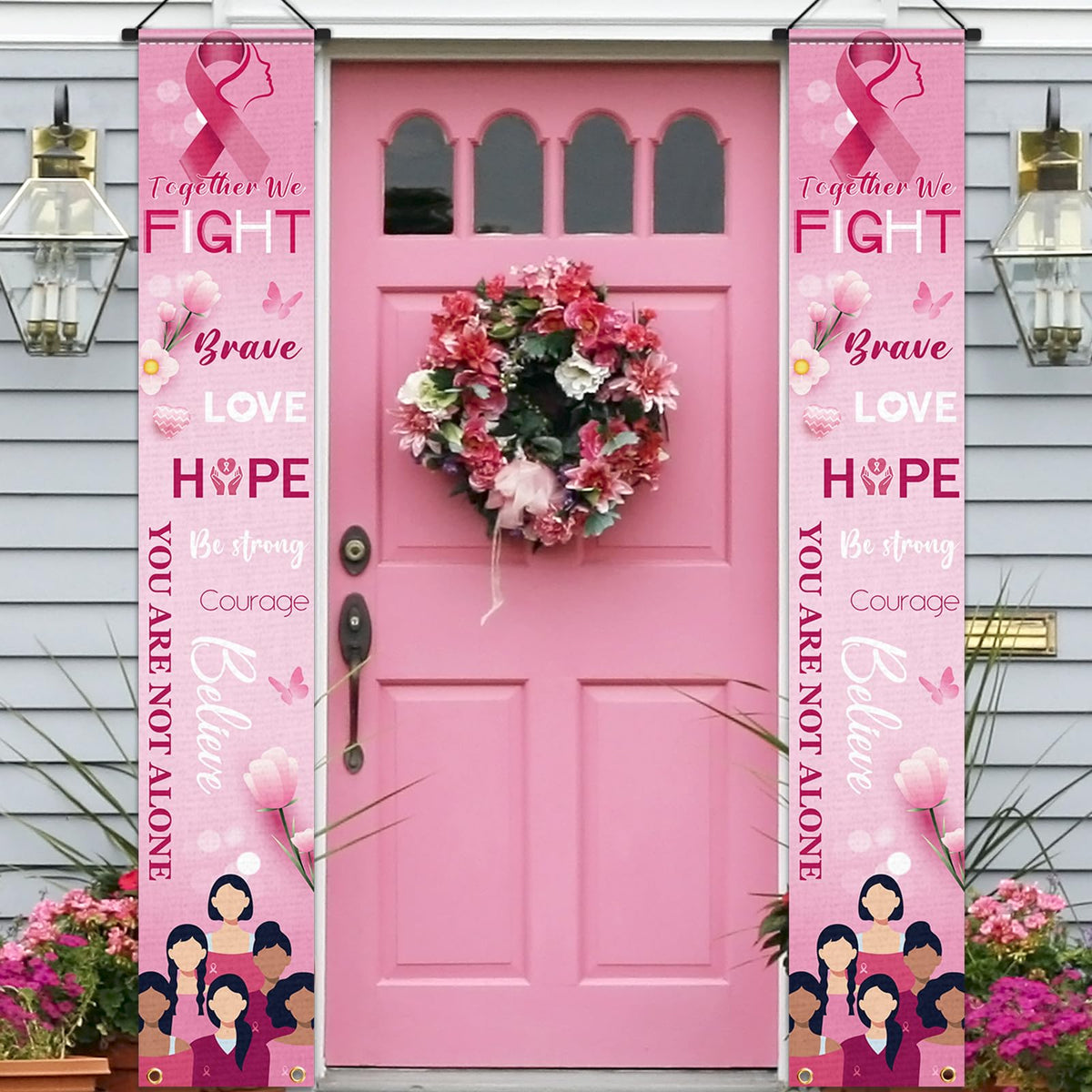 Breast Cancer Awareness Banner Porch Sign - Breast Cancer Awareness Decorations Pink Ribbon Door Banner Party Supplies Hope Strength Courage Faith Banner Backdrop for Breast Cancer Month