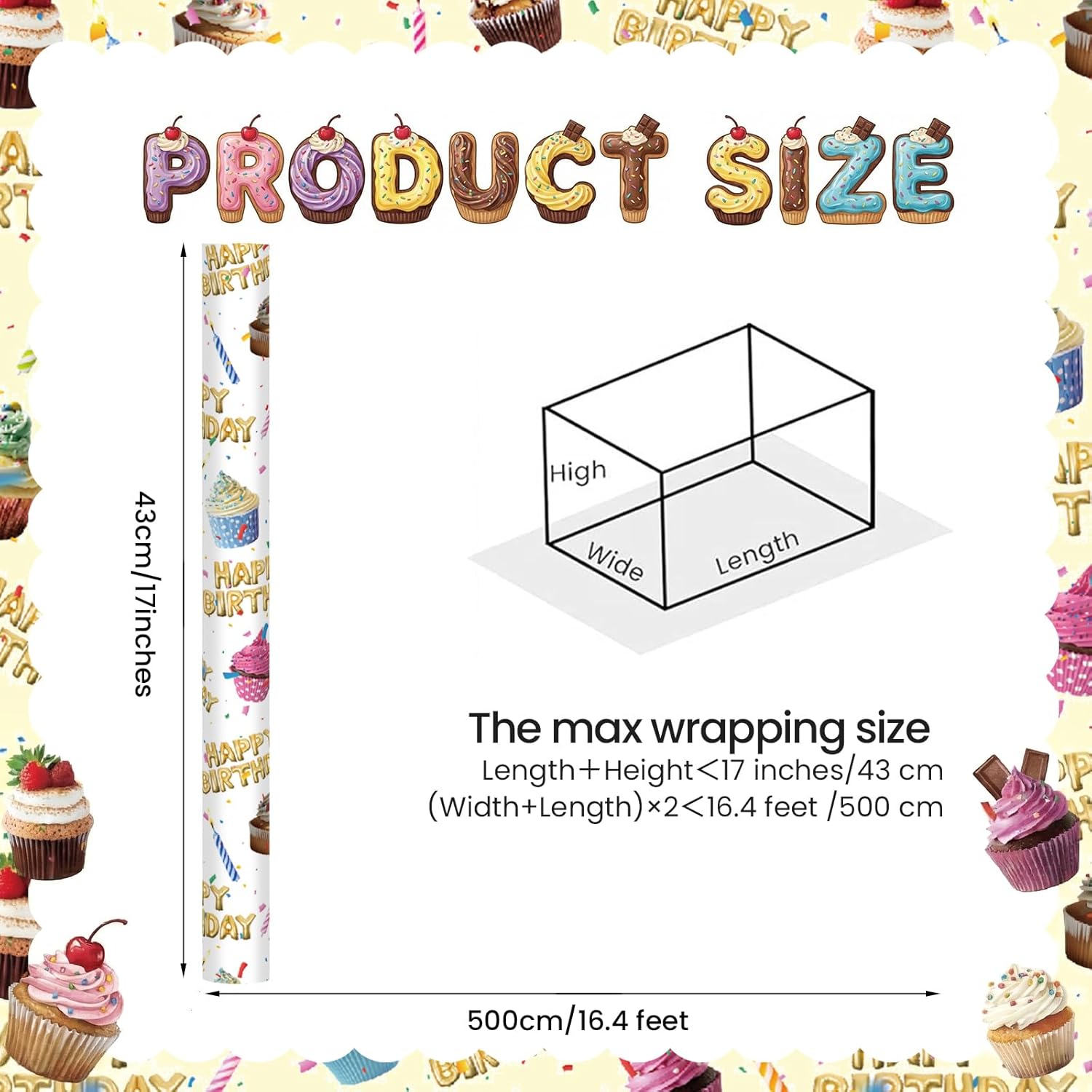 Happy Birthday Wrapping Paper Roll - 17Inch X 16.4Feet - Cake Balloons Confetti Theme Gift Wrap For Birthday Parties,Celebrations