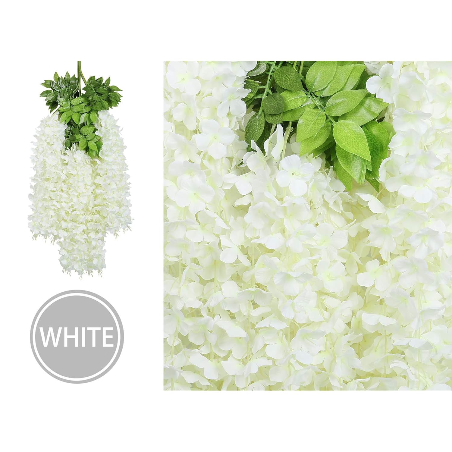 24 Pack (Total 86.4 Feet) Artificial Fake Wisteria Vine Rattan Hanging Garland Silk Flowers String Home Party Wedding Decor (24, White)