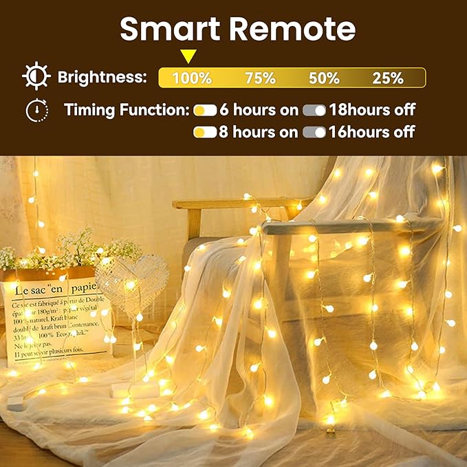 100 LED Globe String Lights 59FT Plug in Fairy Lights with Remote Control 8 Lighting Modes Waterproof Dimmable Warm White Decorative String Lights for Indoor Outdoor Bedroom Patio Party Decor