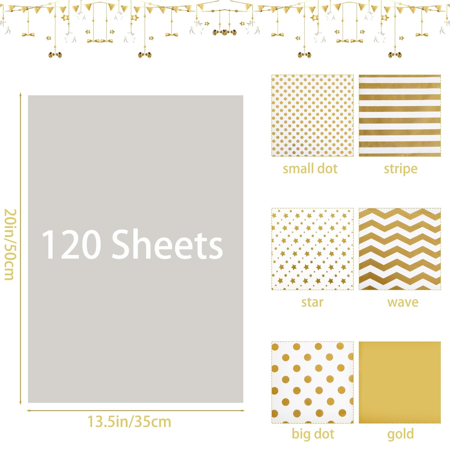 120 Sheets Of Gold Wrapping Tissue Paper, 13.5X20 Inches Gift Wrapping Paper, Carft Party Favor Decoration For Handicrafts (35X50Cm)