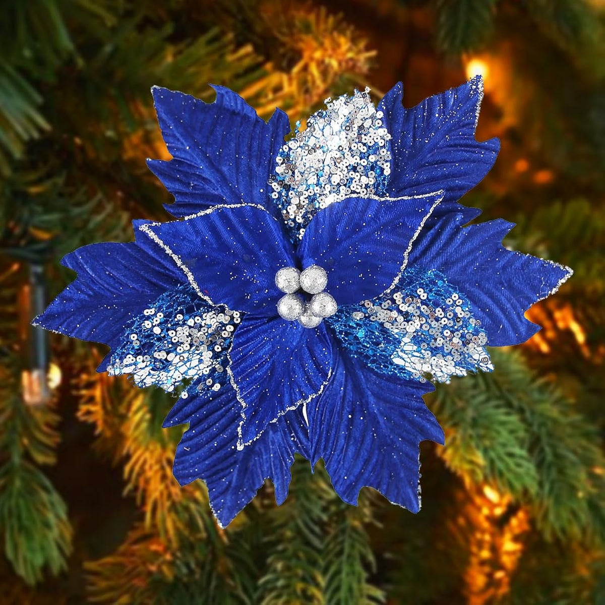 12 Pcs Christmas Poinsettia Flowers Artificial, 10 Inch Christmas Tree Ornaments Royal Blue Velvet Poinsettia, Glitter Faux Flowers With Long Stems For Xmas Tree Wreath Garland Wedding Party Diy Decor