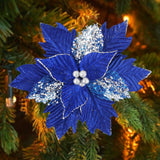 12 Pcs Christmas Poinsettia Flowers Artificial, 10 Inch Christmas Tree Ornaments Royal Blue Velvet Poinsettia, Glitter Faux Flowers With Long Stems For Xmas Tree Wreath Garland Wedding Party Diy Decor