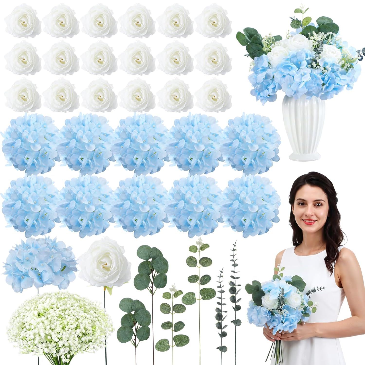 Valentine'S Day 310 Pcs Artificial Rose Bulk Diy Bouquet With Baby'S Breath Bulk Hydrangea Artificial Flowers Wedding Bouquets Floral Arrangement For Wedding Centerpieces Decor(Blue)