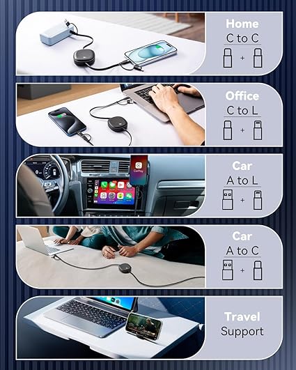 2 Pack 5 in 1 Retractable 100W Multi USB Charging Cable 3.86FT Fast Charge