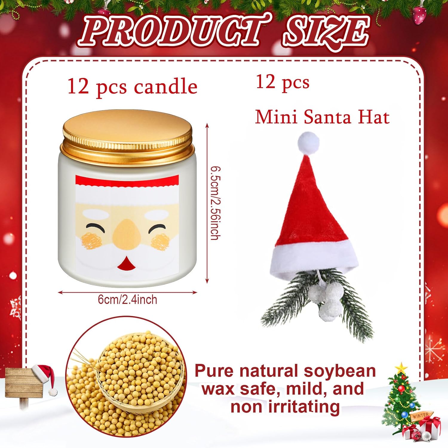 24 Pack Christmas Scented Candles Jar Set Include 12 Pcs 7Oz Soy Wax Aromatherapy Candles And 12 Pcs Mini Santa Hat Holiday Party Favor Gift Bulk For Women Men Adult Coworker
