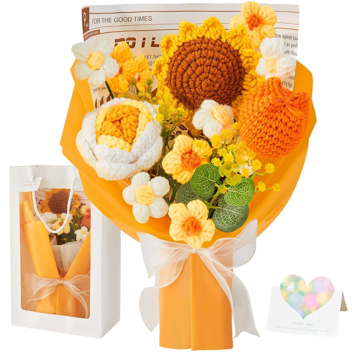 Crochet Flowers Sunflower Decor Gifts For Women Crochet Flower Bouquet Graduation Gifts Tulips Fake Forever Flower Table Decor For Home,Birthday Gift For Women Wife Friends Kids (Gift Card And Bag)