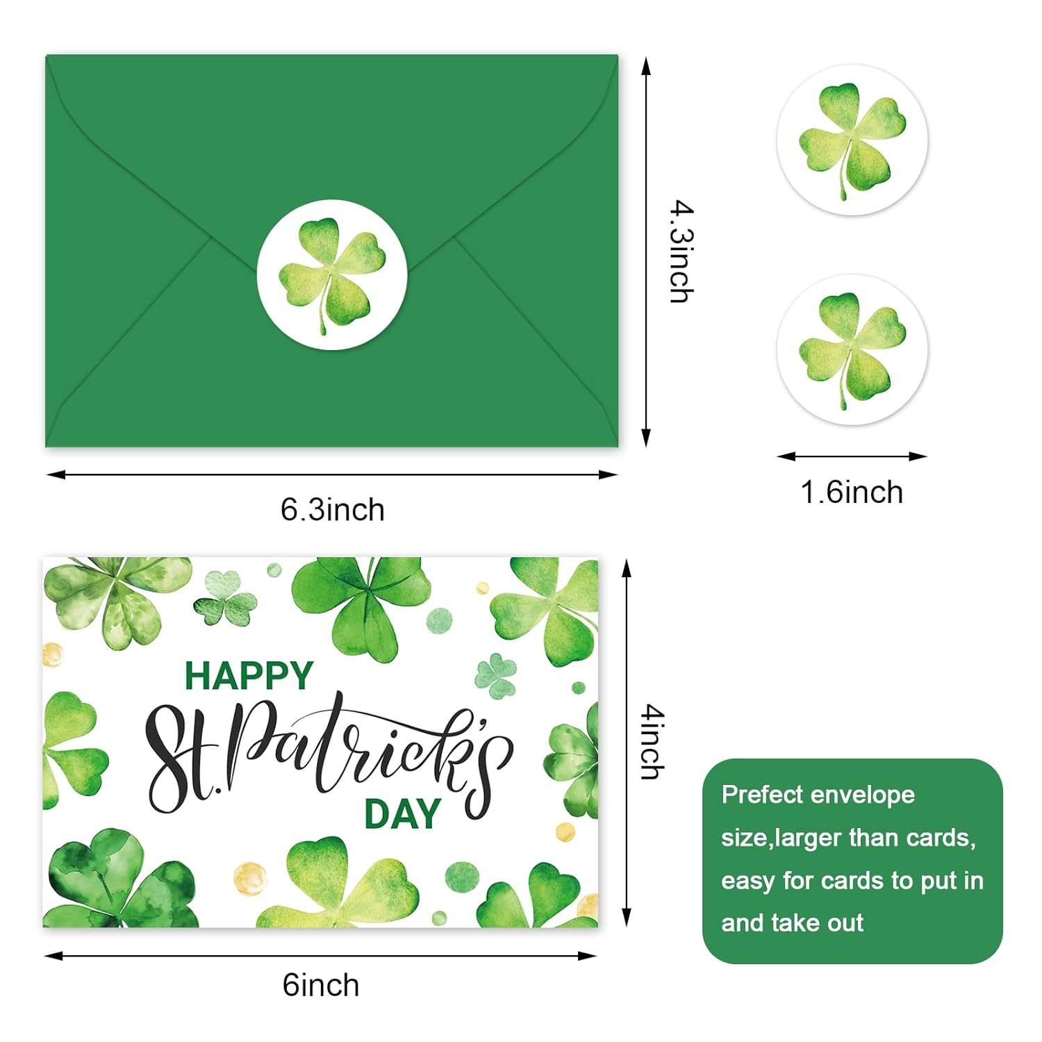24Pcs Happy St. Patrick' S Day Cards Blank Note Cards With Envelopes Stickers Watercolor Green Shamrock Greeting Card For Irish Holiday, 4 X 6 Inch