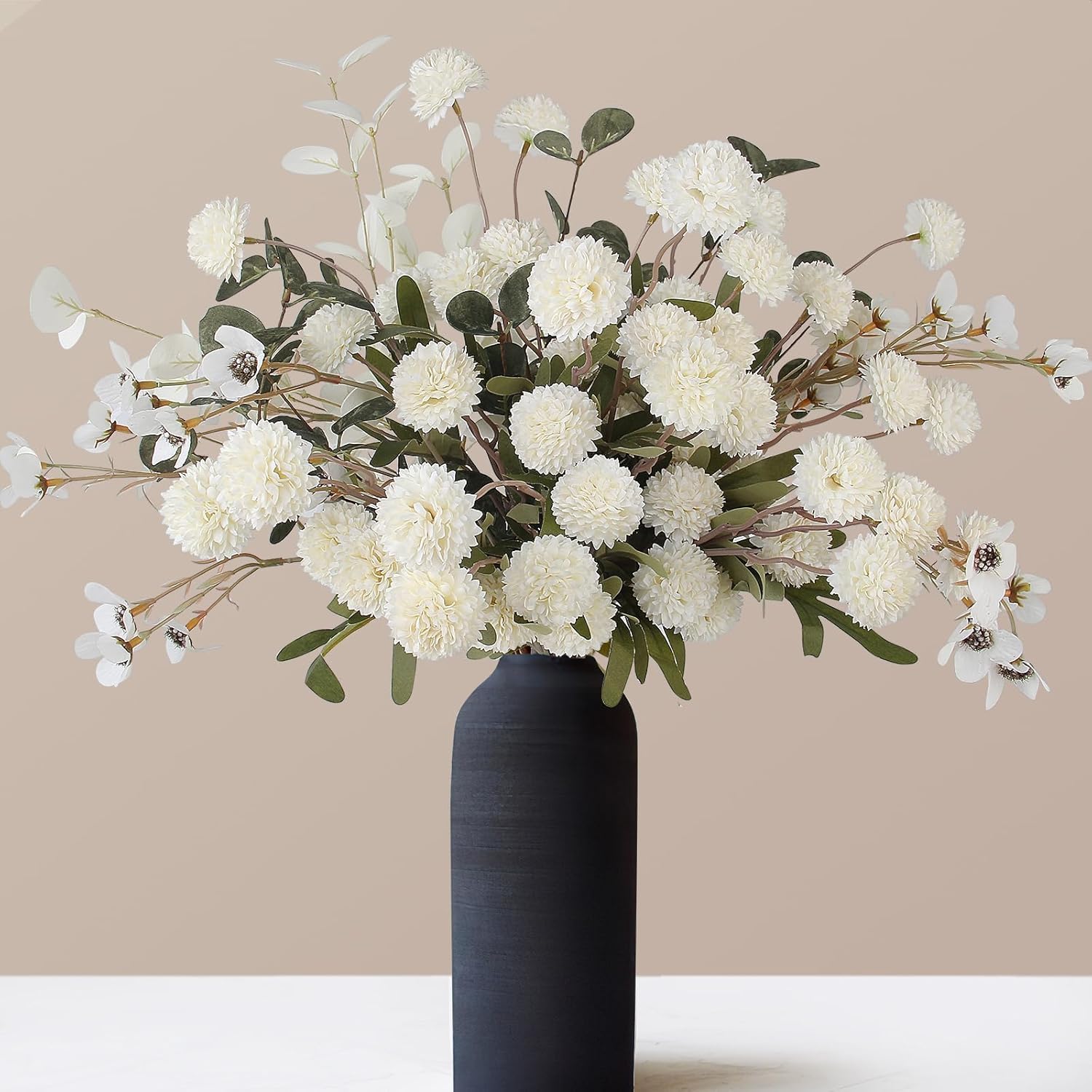 Faux Pompon Mum Flowers - 14Pcs Realistic Artificial Chrysanthemum Flower, Beige Silk Fake Kiku Blooms Flower Bulk With Eucalyptus Stems For Home Decor, Wedding Centerpieces, Floral Arrangements