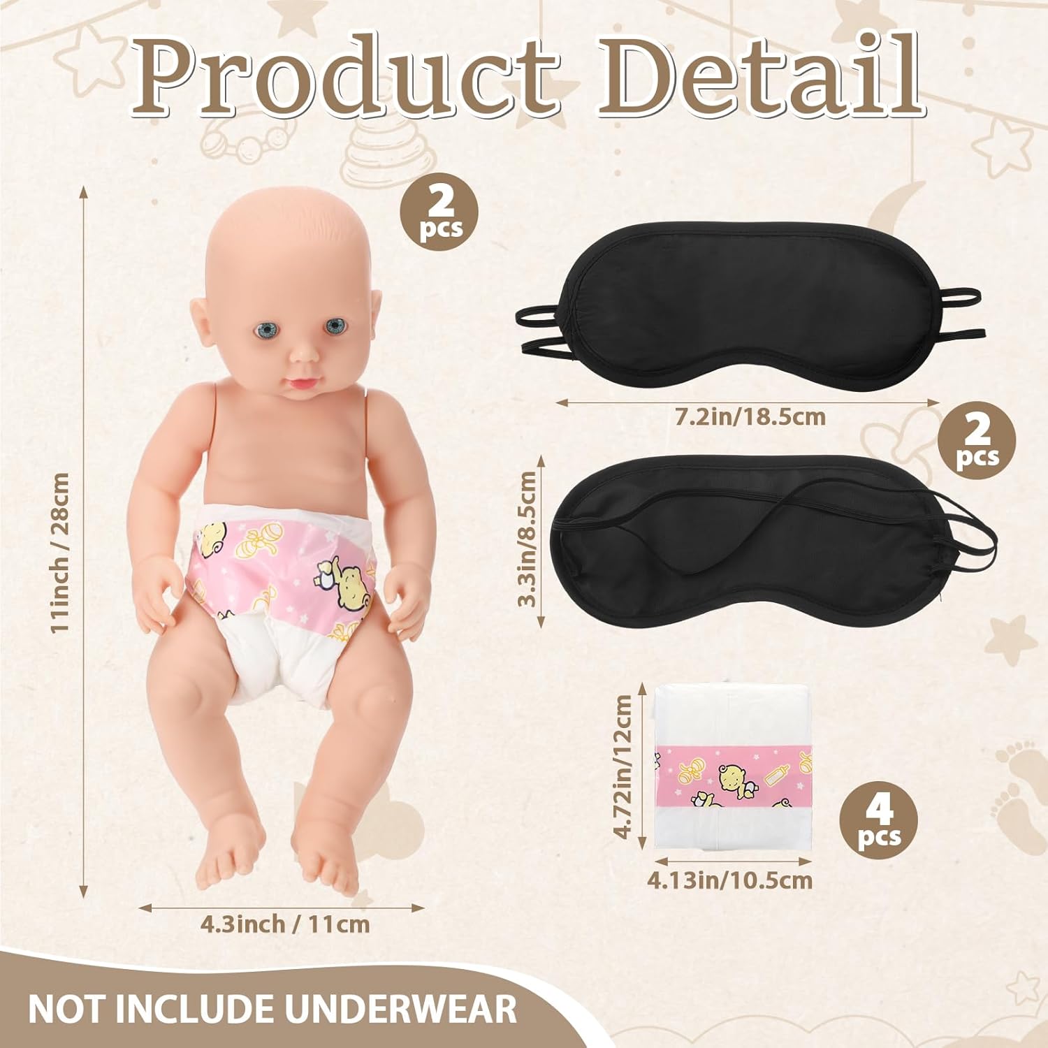 9 Pcs Baby Shower Diaper Changing Game Supplies Including Baby Dolls Blindfold Diapers Wooden Sign Changing Race Game Party Favor (Star,Brown)