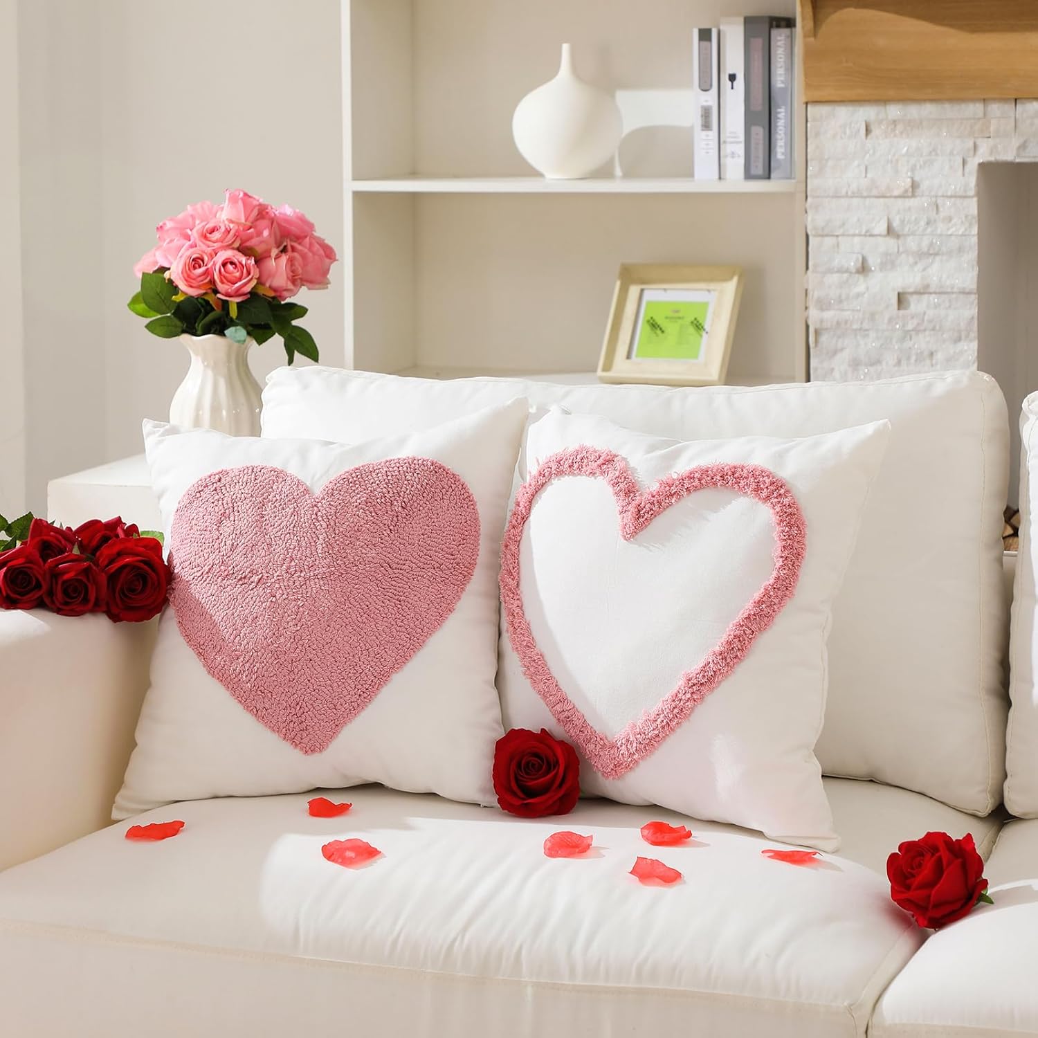 2 Pcs Valentine'S Day Throw Pillow Cover 18X18 Heart Love Embroidered Decorative Pillow Cases Pink Soft Plush Jacquard Square Cushion Cover For Valentine Sofa Couch Bedroom Decor Coupon Gift