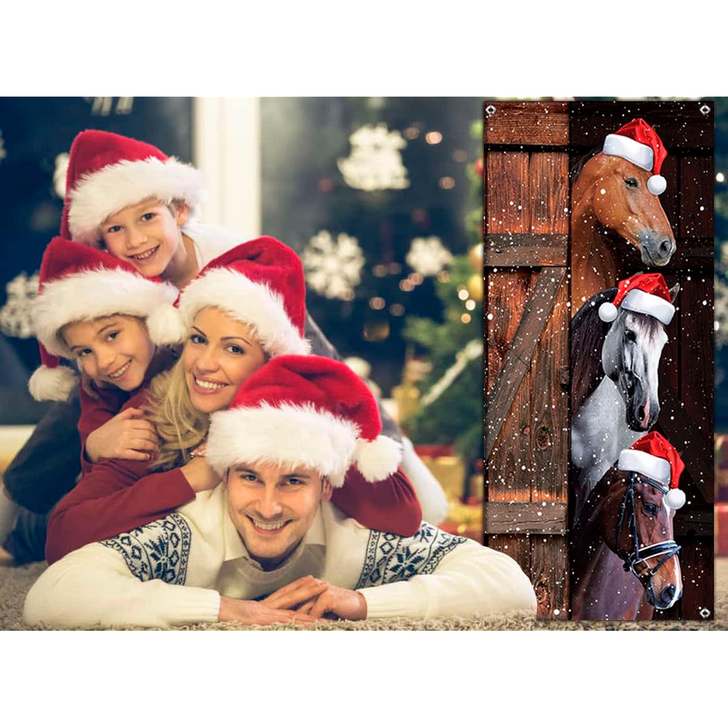 Funny Merry Christmas Door Banner - Horses Xmas Party Decoration Supplies - Door Cover, Farmhouse Decoration