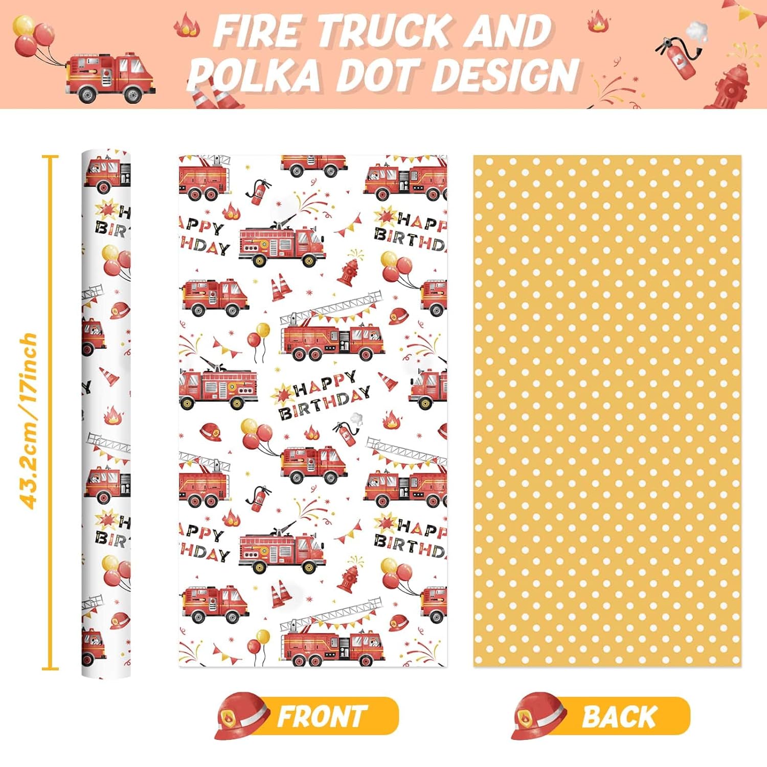 Fire Truck Birthday Wrapping Paper - 1 Roll 17”X 33Ft Truck Cars Gift Wrap Supply Happy Birthday Wrapping Paper For Kids Baby Boy Shower Party Favor