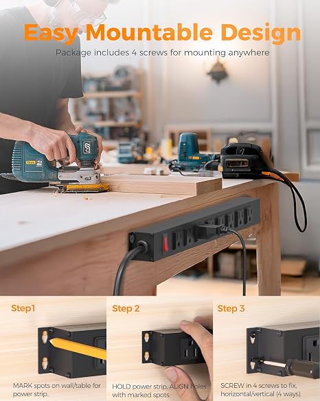 8 Outlet Metal Power Strip Surge Protector with 6 ft Cord and 1200 Joules
