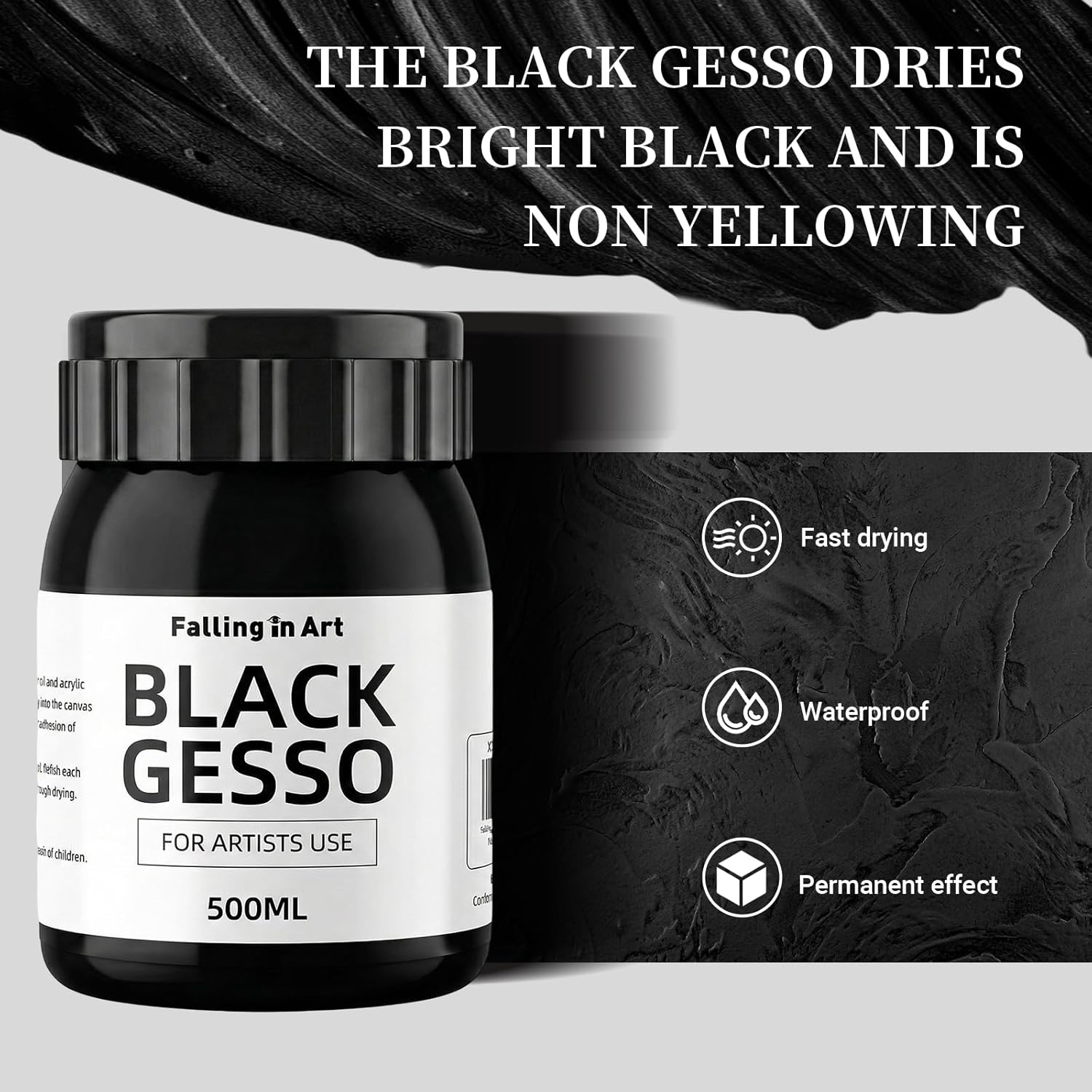 Black Gesso Primer For Acrylic Painting, 16.9Oz Non-Toxic Canvas Primer Gesso Surface Prep Medium
