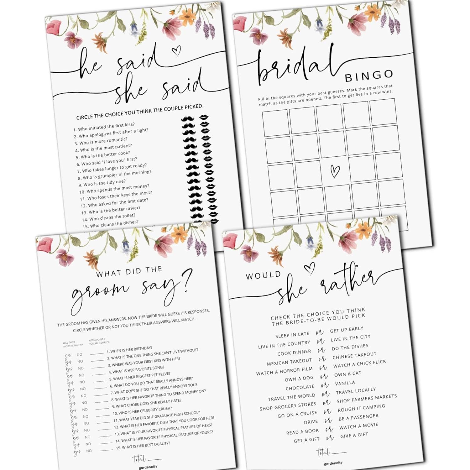 Bridal Shower Games - 4 Bridal Shower Games For 30 Guests, (He Said She Said, Would She Rather, Bridal Bingo, What Did The Groom Say), Double-Sided Cards (Wildflower)