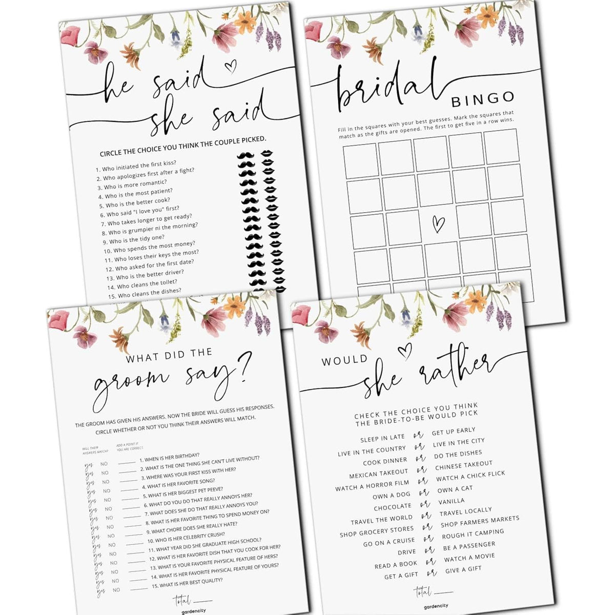 Bridal Shower Games - 4 Bridal Shower Games For 30 Guests, (He Said She Said, Would She Rather, Bridal Bingo, What Did The Groom Say), Double-Sided Cards (Wildflower)