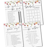 Bridal Shower Games - 4 Bridal Shower Games For 30 Guests, (He Said She Said, Would She Rather, Bridal Bingo, What Did The Groom Say), Double-Sided Cards (Wildflower)