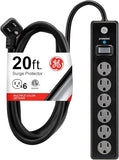 Surge Protector Power Strip 6 Outlets 3 USB Ports 20FT Flat Plug Extension Cord Black