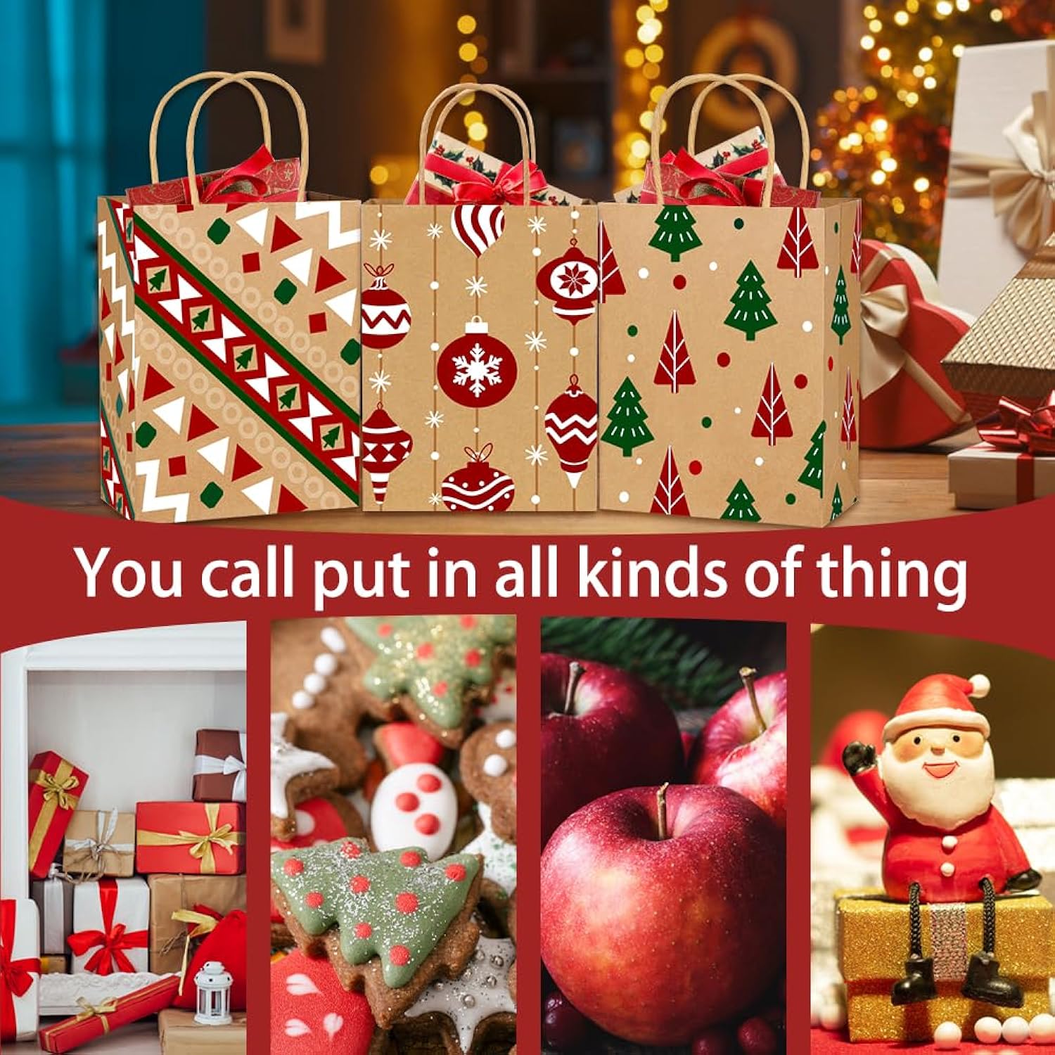 24Pcs Christmas Kraft Gift Bags 8 Styles Xmas Wrapping Paper Bags Medium Size Xmas Gift Bags With Handles Reusable Goody Treat Bags Bulk For Holiday Party Favor Supplies